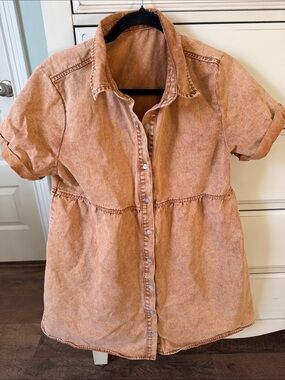 Washed Peach Button-Front Short Sleeve dress
